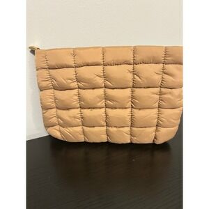 Quilted Pouch Bag Tan Beige Puffer Cosmetic Makeup Travel Clutch Gold Zipper